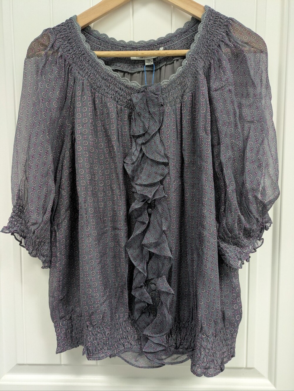 Blue Tassel Silk Chiffon Ruffle Front Peasant Blouse -Anthropologie Brand